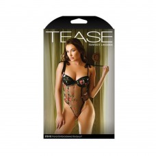 Tease Stevie Floral Embroidered Mesh Bodysuit With Adjustable Shoulder Ties And Snap Closure Black L Tease Stevie Floral Embroidered Mesh Bodysuit With Adjustable Shoulder Ties And Snap Closure Black L