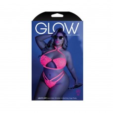 Glow Lights Off Lace Halter Bralette & Cage Panty Neon Pink Qs Glow Lights Off Lace Halter Bralette & Cage Panty Neon Pink Qs