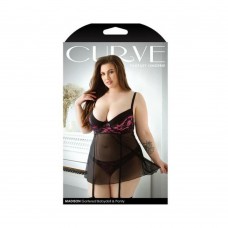 Curve Madison Gartered Lace And Mesh Babydoll With Underwire Cups & Matching Panty 1x/2x Black/pink Curve Madison Gartered Lace And Mesh Babydoll With Underwire Cups & Matching Panty 1x/2x Black/pink