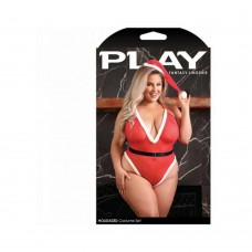 Fantasy Lingerie Play Holidazed Sheer Sparkle Mesh Teddy With Faux Fur Trim, Belt & Santa Hat Red 1x