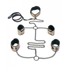 Faux Leather Collar, Wrist, Ankle Restraints & Leash Bondage Kit Gold Faux Leather Collar, Wrist, Ankle Restraints & Leash Bondage Kit Gold