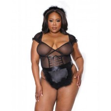 Holiday Mistletoe Maid Stretch Mesh Teddy, Marabou Trimmed Apron & Headband Black Os/xl