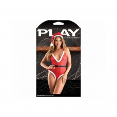 Fantasy Lingerie Play Holidazed Sheer Sparkle Mesh Teddy With Faux Fur Trim, Belt & Santa Hat Red S/