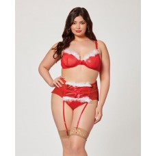 Holiday Sparkle Mesh Bra W/marabou Trim, Garter Belt & Panty Red 3x/4x